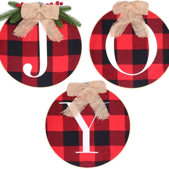 JOY Plaid Wreath or Wall Hanging Christmas Decorations - Rustic Burlap Bow - Picture 3 of 8